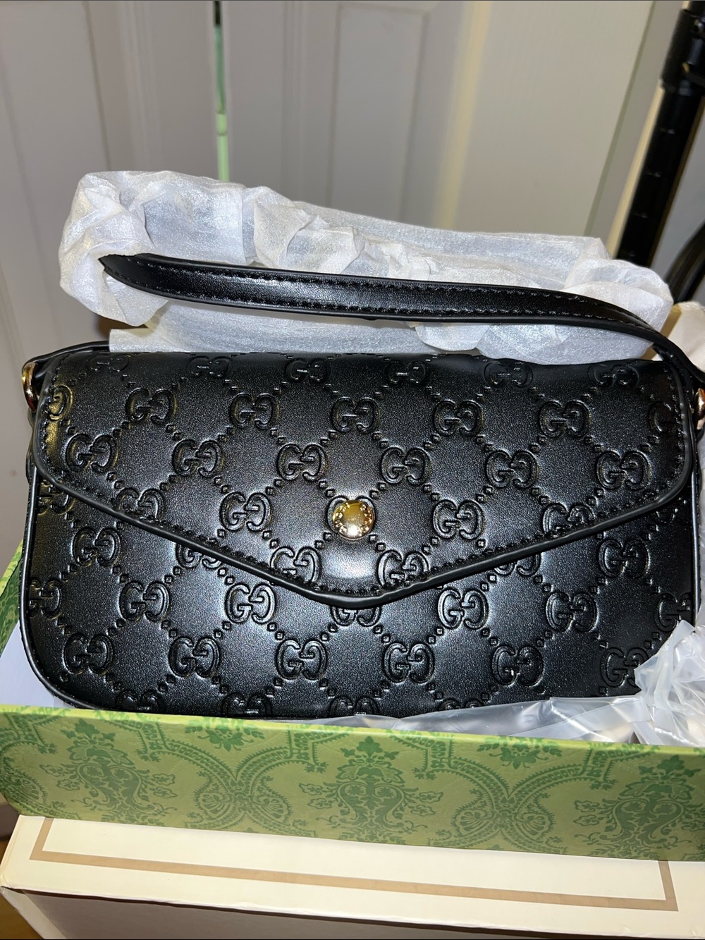 Black Microguccissima Leather Shoulder Bag with Gold-Tone Button